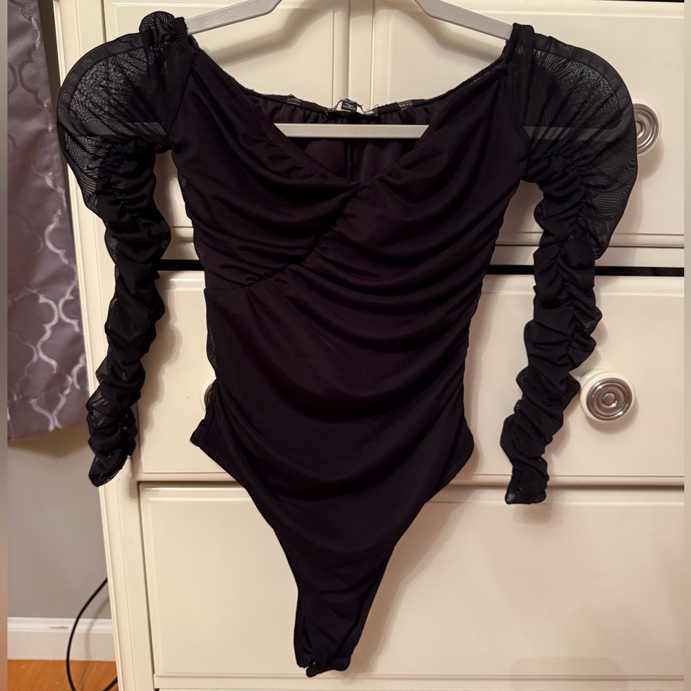 Fashion Nova Mesh Ruched Long Sleeve Bodysuit